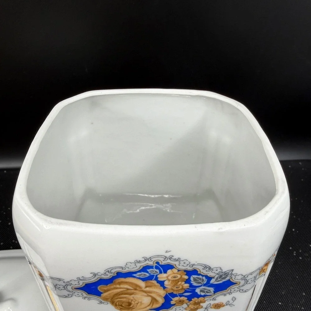 Victoria China Czechoslovakia Flour Canister Vintage Porcelain Blue Gold Rose